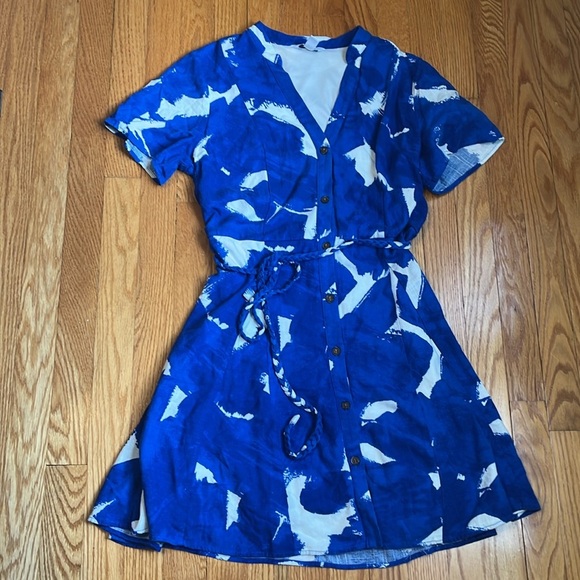 Nine West Flutter Sleeve Button Front Godet Dress Santorini Blue Rayon Linen Med - Picture 3 of 6